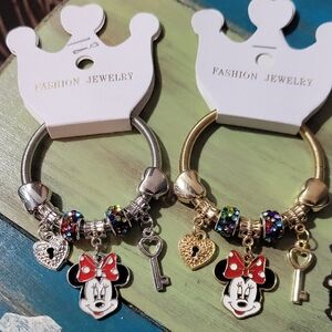 Minnie Mouse Charm Stretch Bracelet with Key and Heart You Choose Gold Or Silver